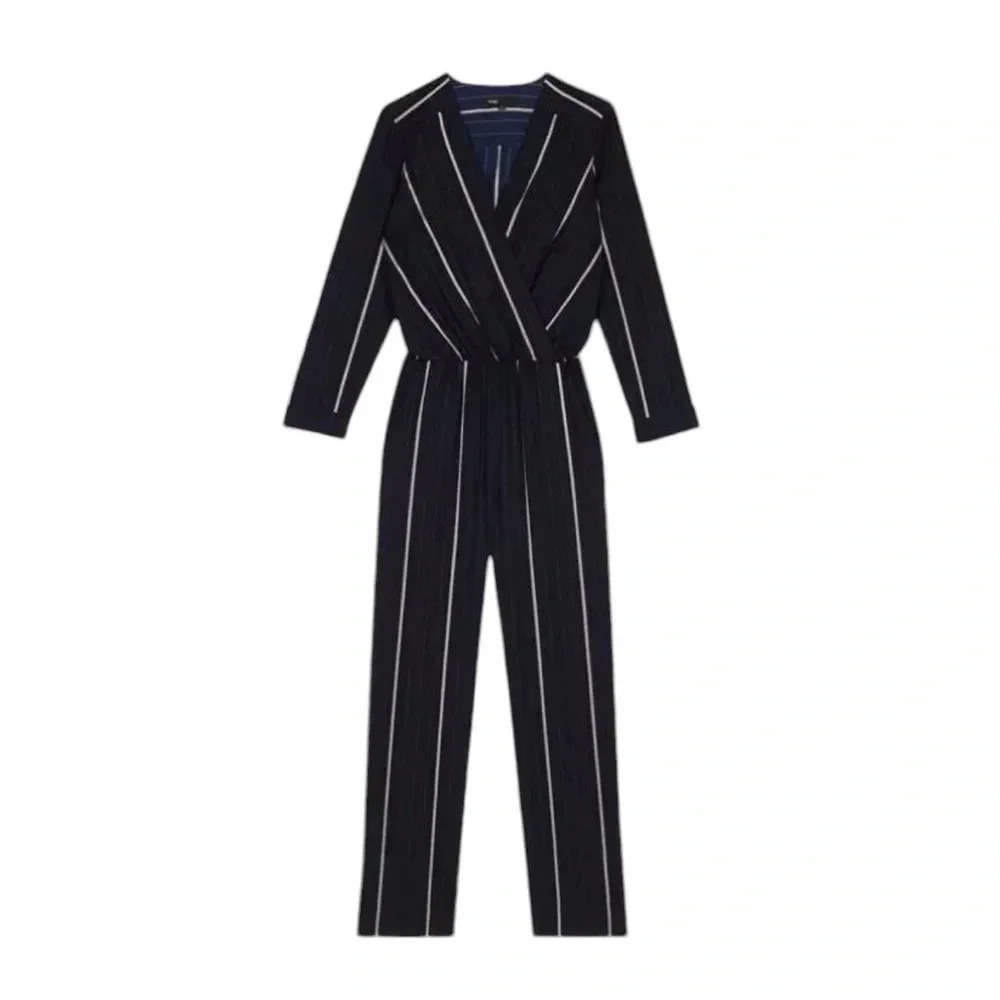 Maje Pinstripe Surplice Bodice Jumpsuit Navy Blue Size S - Picture 2 of 16